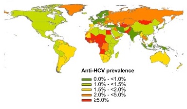 kaartje met overzicht van anti-HCV-prevalentie wereldwijd