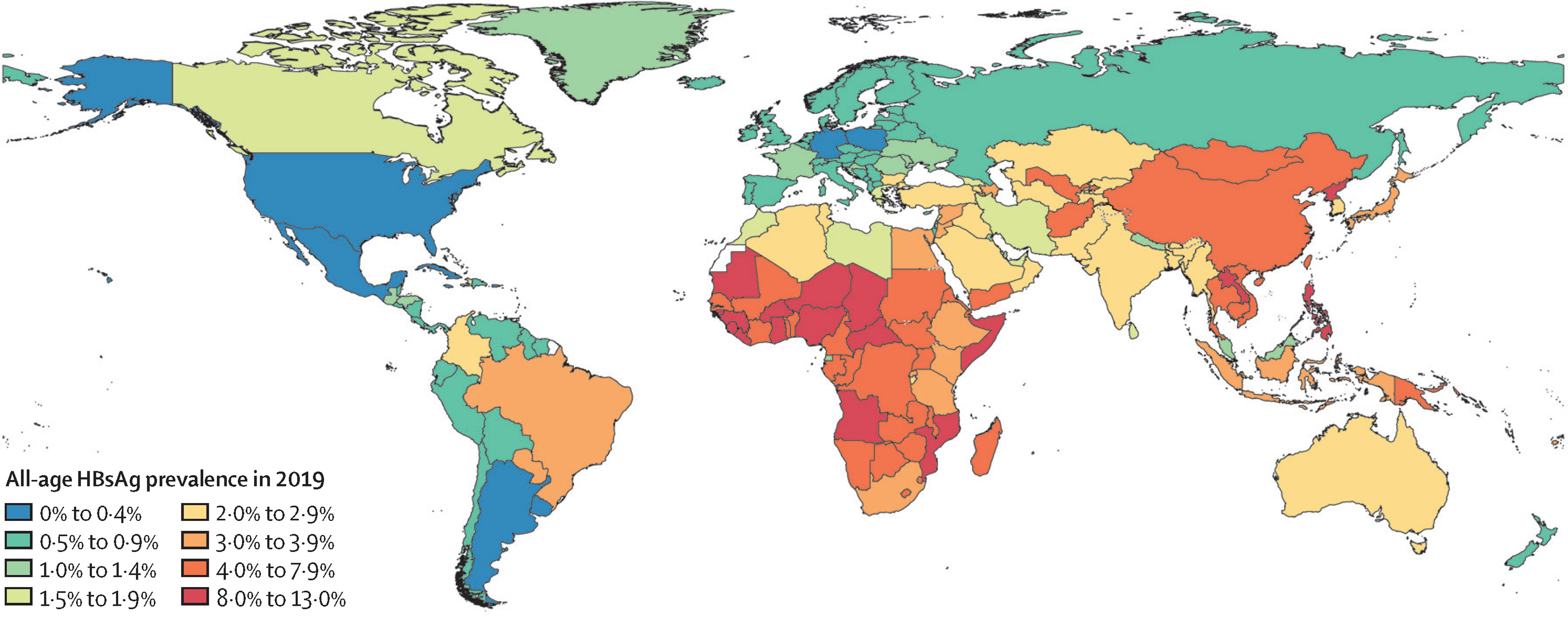 Figuur prevalentie van chronische hepatitis B wereldwijd