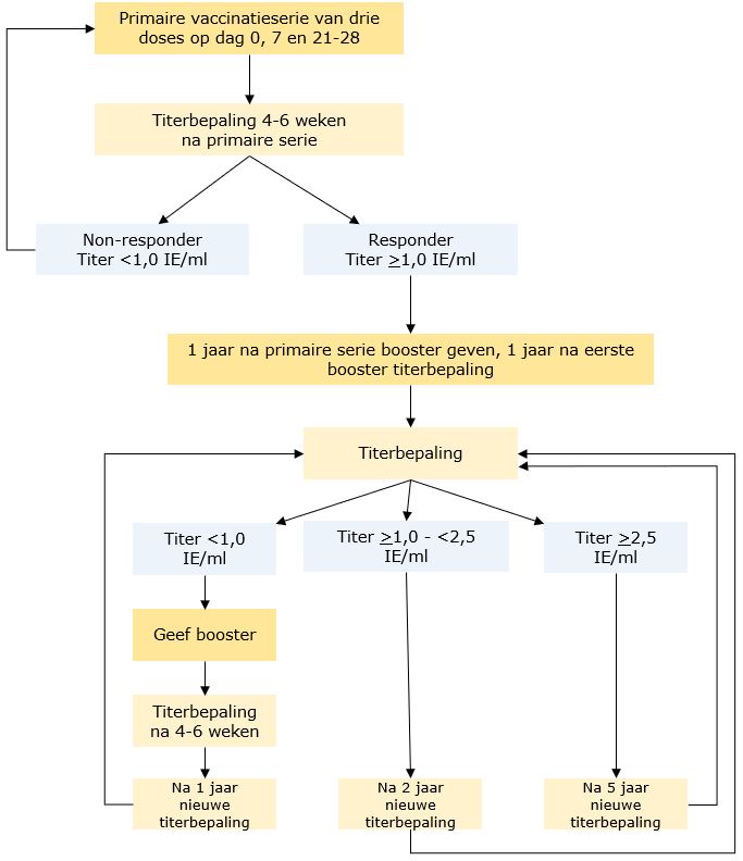 Stroomschema pre-expositieprofylaxe vleermuismedewerkers met continue of zeer frequente blootstelling aan EBLV-1 en -2