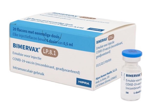 Afbeelding van de verpakking en flacon van het eiwitvaccin Bimervax LP.8.1