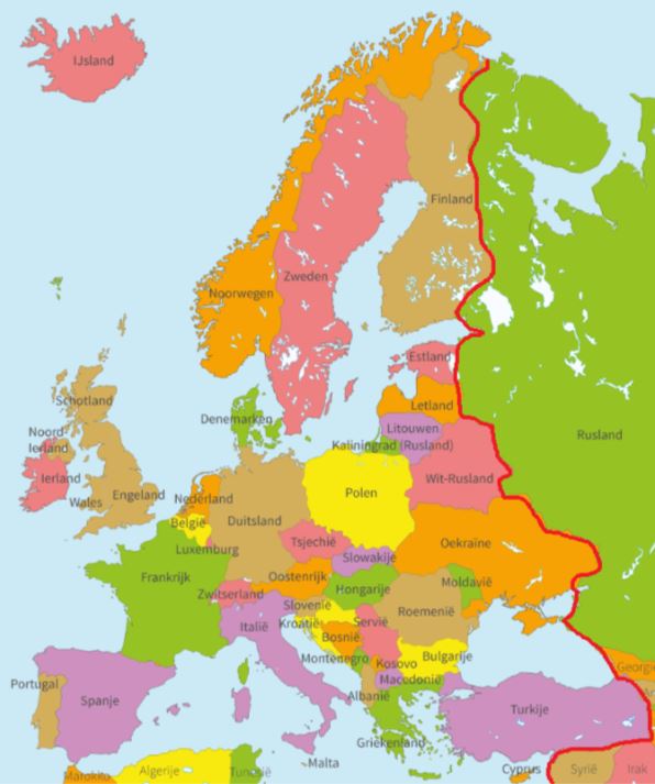 kaart Europa met rode lijn waarvan Rusland en Georgië ten oosten liggen